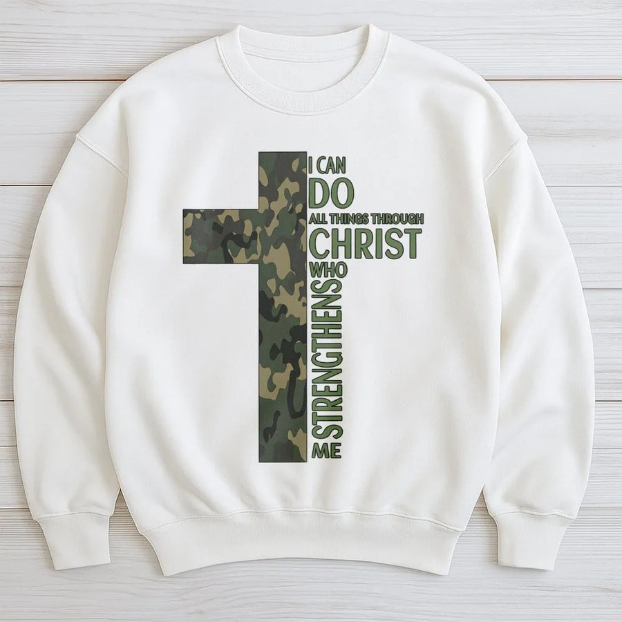 Camo Cross Christian Sweatshirt | Philippians 4:13 Bible Verse Graphic | Premium Cotton Blend | Inspirational Faith Gift For Men And Women