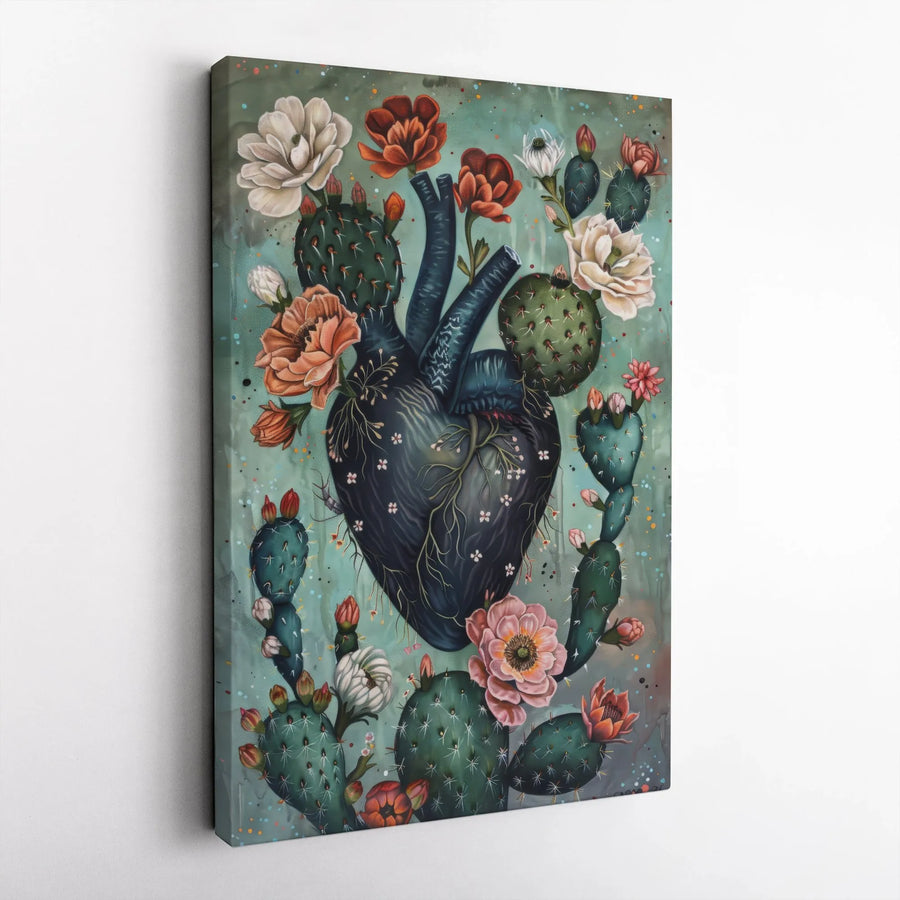 Anatomical Heart Canvas Art | Blooming Cactus Floral Wall Decor | Premium Gallery Wrap Print | Botanical Gothic Home Office Gift