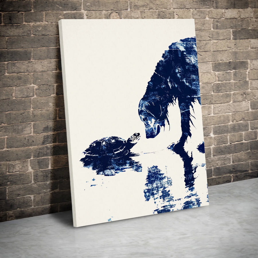 Dog and Turtle Wall Art | Abstract Blue Ink Animal Portrait | Premium Gallery-Wrapped Canvas | Unique Nature Gift for Pet Lovers