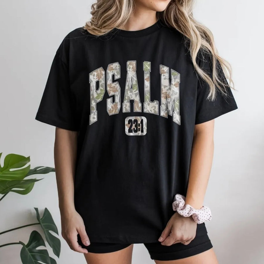 Psalm 23:1 T-Shirt | Camo Varsity Letter Graphic | Soft Cotton Premium Apparel | Christian Faith Bible Verse Gift for Men and Women