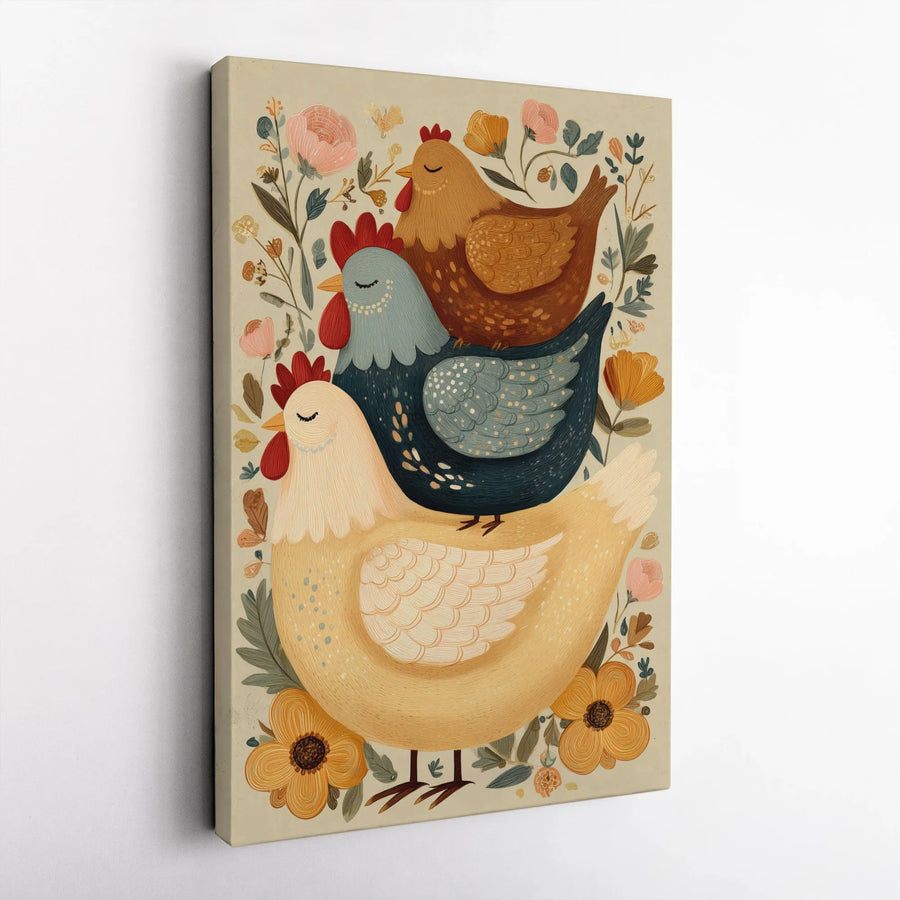 Three Stacked Chickens Canvas Wall Art | Whimsical Folk Art Farmhouse Decor | Premium Gallery Wrap Print | Charming Kitchen & Cottage Gift