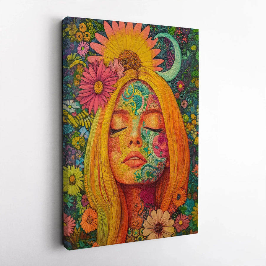 Psychedelic Floral Woman Canvas Print | Bohemian Flower Child Portrait | Premium Gallery Wrapped Canvas | Trippy Boho Chic Wall Decor Gift