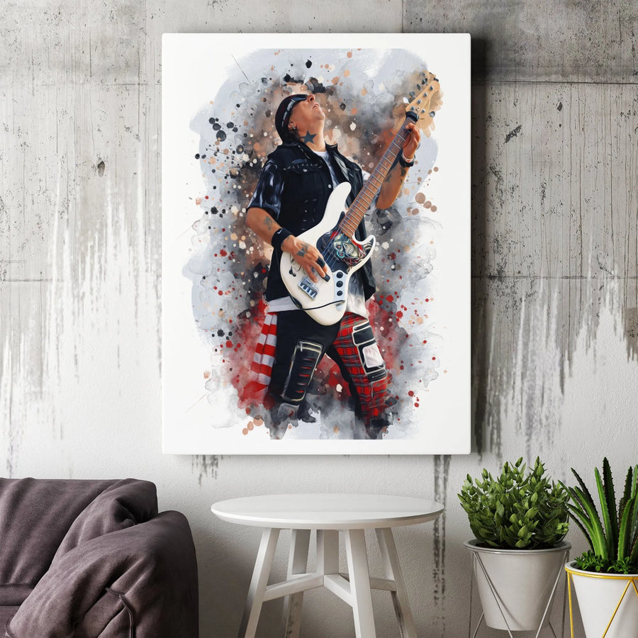 Rock Bass Player Canvas Art | Watercolor Splatter Musician Portrait | Premium Gallery Wrap Canvas | Gift for Music Lover & Studio Decor