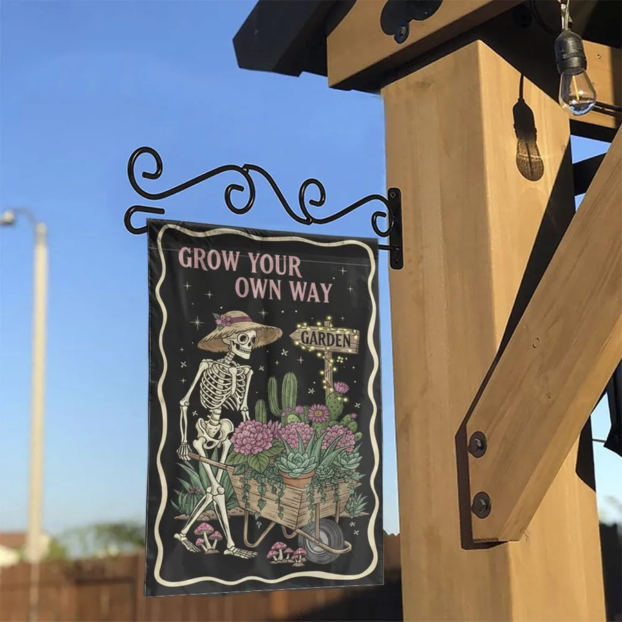 Skeleton Gardener Flag | Grow Your Own Way Skull Illustration | Double Sided Weatherproof Yard Art | Funny Goth Gardener Gift