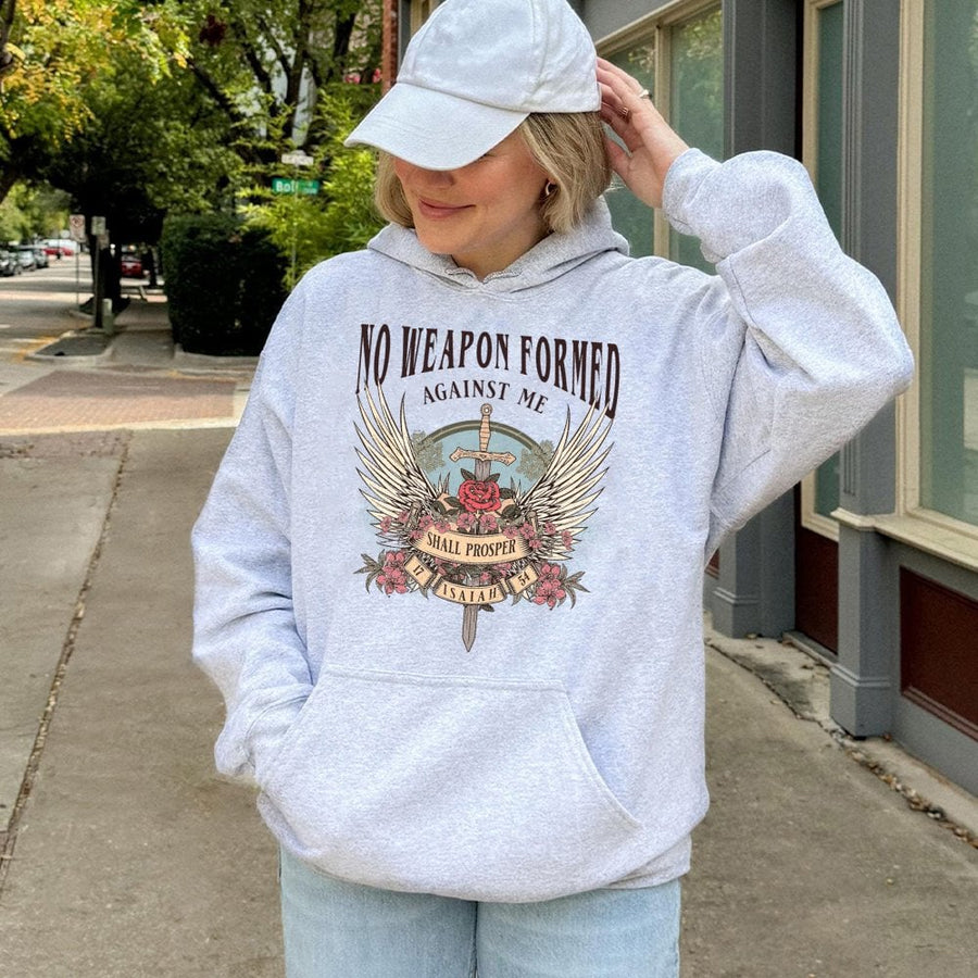 No Weapon Formed Against Me Hoodie | Isaiah 54:17 Bible Verse Design | Premium Cotton Blend | Faith-Based Christian Gift for Her & Him