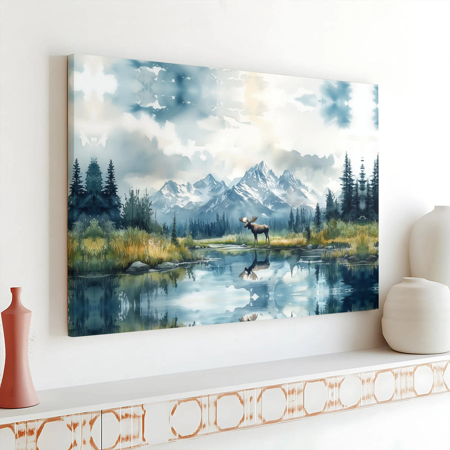 Moose Canvas Wall Art | Watercolor Mountain Lake Reflection | Premium Gallery Wrapped Canvas | Rustic Cabin & Lodge Decor Gift