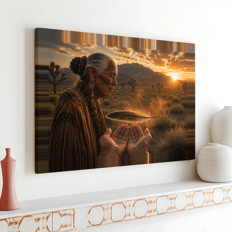 Native American Elder Horizontal Canvas | Floating Feather Sunset Desert Art | Premium 1.25" Gallery Wrap Frameless Wall Art | Spiritual Indigenous Culture Gift