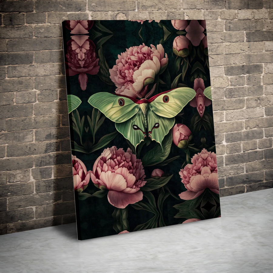 Luna Moth Canvas Wall Art | Vintage Botanical Illustration with Peonies | Premium Gallery Wrapped Canvas | Dark Cottagecore Home Decor Gift