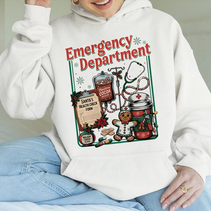 Emergency Department Christmas Hoodie | Festive Nurse Medical Design | Premium Cotton-Blend | Gift for RN ER Nurse Doctor
