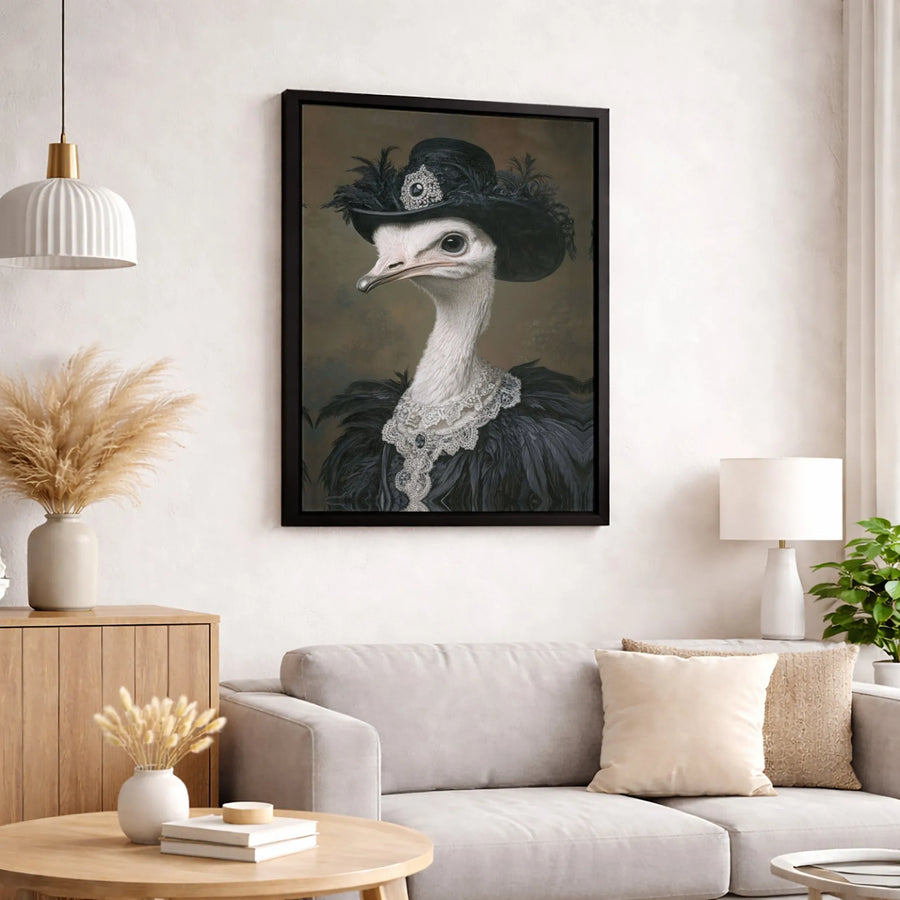 Ostrich Portrait Wall Art | Victorian Bird in Black Lace Bonnet | Gallery Quality Framed Canvas | Quirky Animal Decor for Home Office