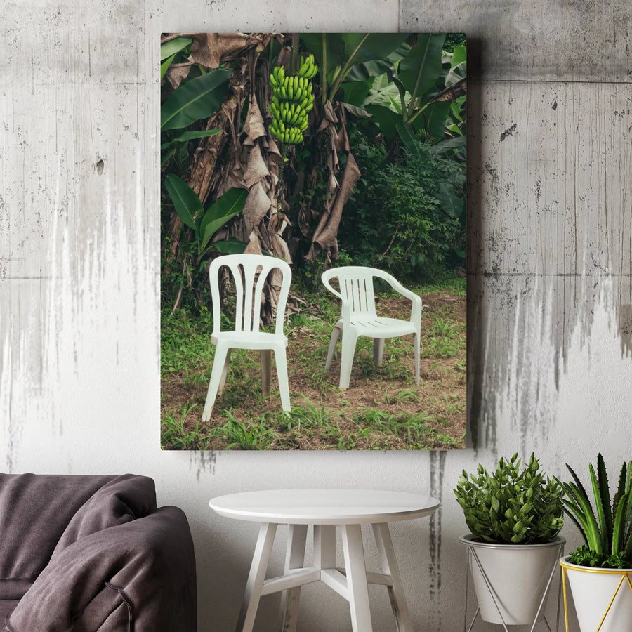 Tropical Banana Tree Canvas Wall Art | Whimsical Plastic Chair Garden Scene | Premium Gallery-Wrapped Print | Unique Nature Home Decor Gift