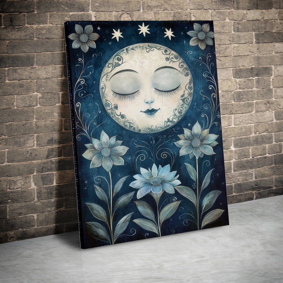 Celestial Sleeping Moon Canvas Wall Art | Whimsical Floral Starry Night Print | Premium Gallery-Wrapped Decor | Boho Witchy Bedroom Gift
