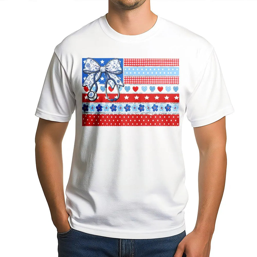 Patriotic Nurse T-Shirt | American Flag Coquette Bow Graphic | Soft Cotton Blend Sweatshirt | 4th of July Gift for RN LPN
