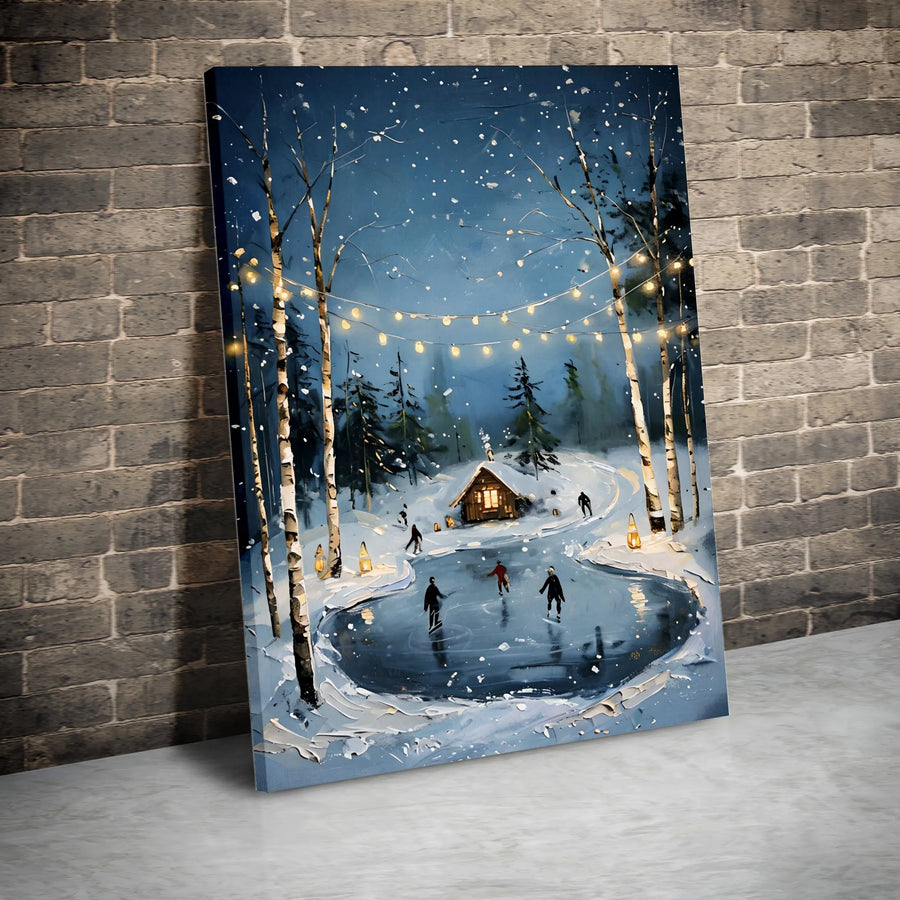 Winter Ice Skating Wall Art | Snowy Forest Cabin with String Lights | Premium Gallery Wrapped Canvas | Cozy Holiday Home Decor Gift