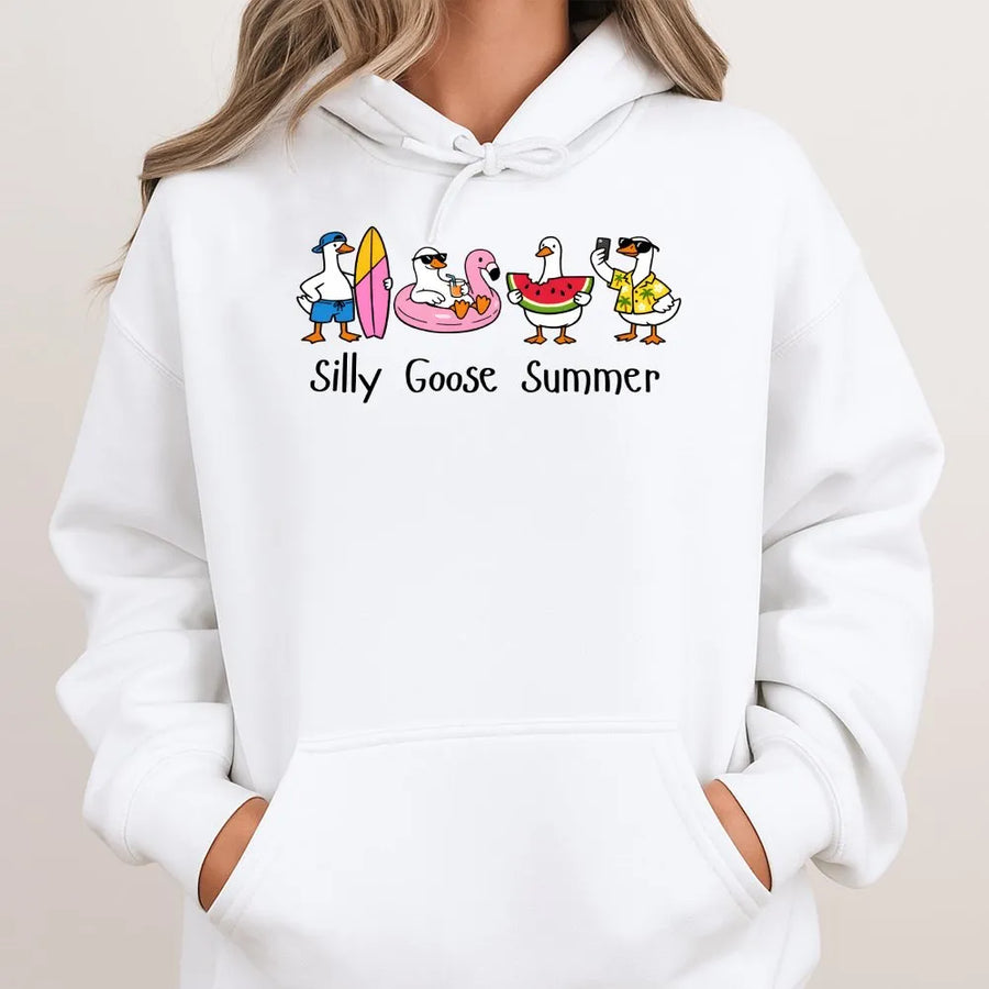 Silly Goose Summer Hoodie | Cute Cartoon Beach Geese Graphic | Soft Unisex Pullover | Funny Novelty Gift for Goose Lovers