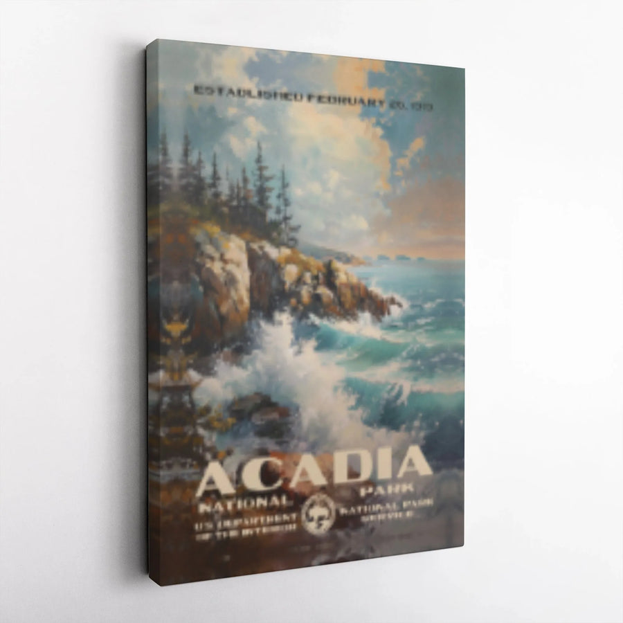 Acadia National Park Canvas Art | Vintage Style Maine Travel Poster | Gallery Wrap Wall Decor | Premium National Park Gift for Travelers