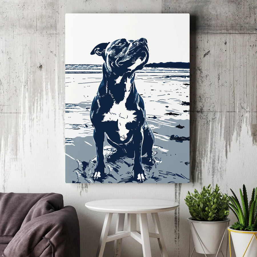 Pit Bull Dog Wall Art | Stylized Beach Portrait | Premium Gallery Wrap Canvas | Modern Gift for Dog Lovers