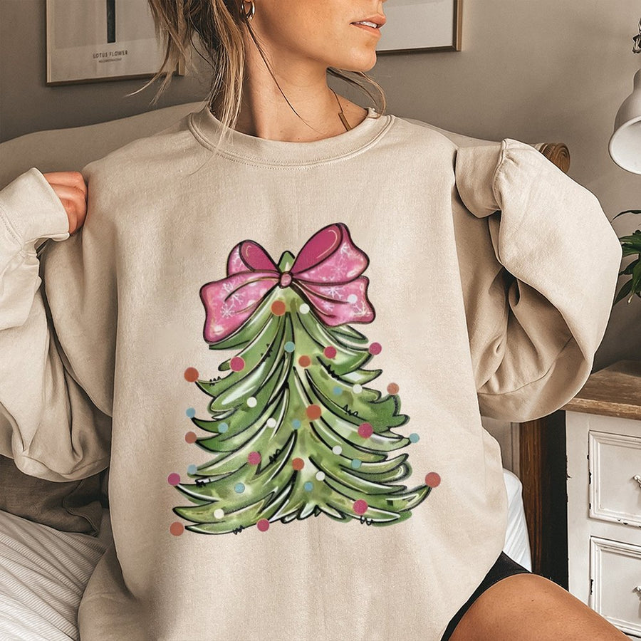 Christmas Tree Sweatshirt | Pink Bow Holiday Graphic | Soft Cotton Blend Unisex Pullover | Festive Winter Apparel Gift for Her