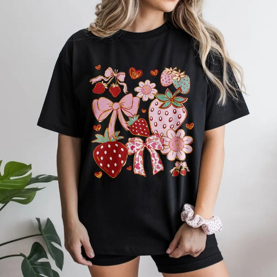 Strawberry Coquette T-Shirt | Pink Bow Floral Cottagecore Graphic | Premium 100% Cotton Tee | Aesthetic Summer Gift For Women And Girls