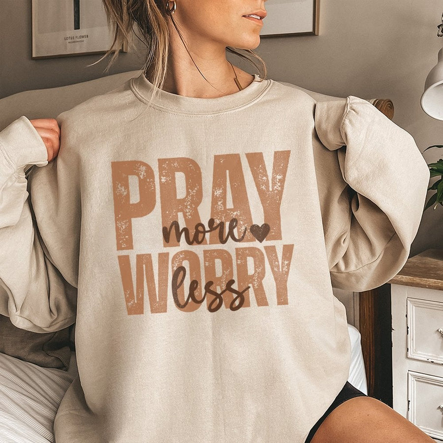 Pray More Worry Less Sweatshirt | Faith Based Christian Aesthetic Design | Premium Cotton Polyester Blend | Inspirational Gift for Women and Men