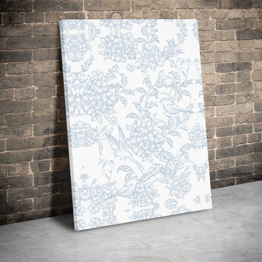 Botanical Bird Toile Canvas Art | Blue Floral Sketch Wall Print | Premium Gallery Wrapped Canvas | Elegant Cottagecore Home Decor Gift