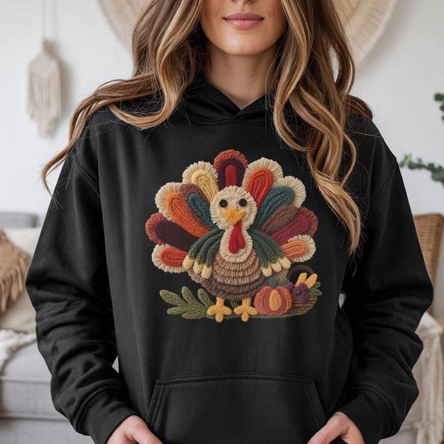 Thanksgiving Turkey Hoodie | Textured Yarn Art Style Graphic | Premium Cotton Blend Pullover | Festive Fall Apparel Gift for Women & Men