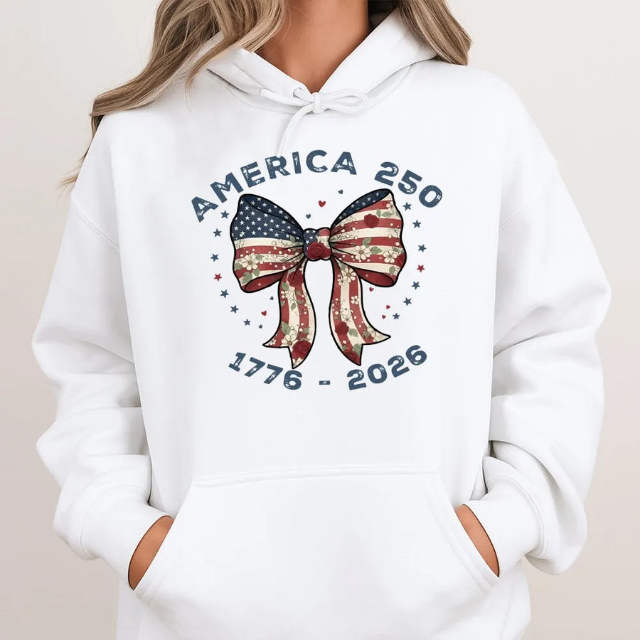 America 250 Hoodie | Patriotic Flag Bow with Florals | Soft Cotton Blend | 2026 Semiquincentennial Commemorative Gift for Men and Women