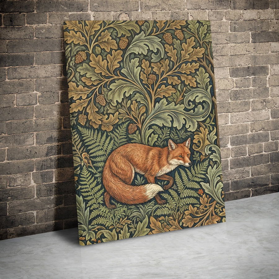Fox Canvas Wall Art | William Morris Style Botanical Print | Premium Gallery Wrapped Decor | Nature Lover Gift for Living Room