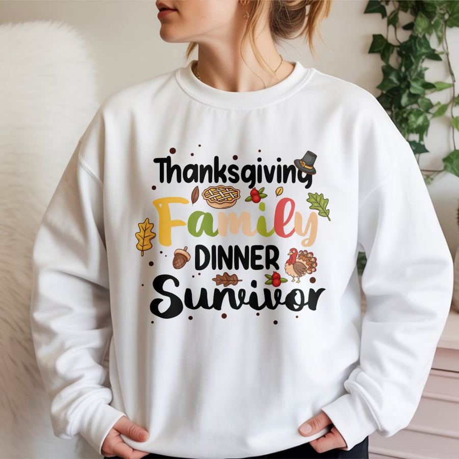 Thanksgiving Family Dinner Survivor Sweatshirt | Funny Turkey Day Quote Graphic | Premium Cotton Blend | Unisex Holiday Gift for Men and Women