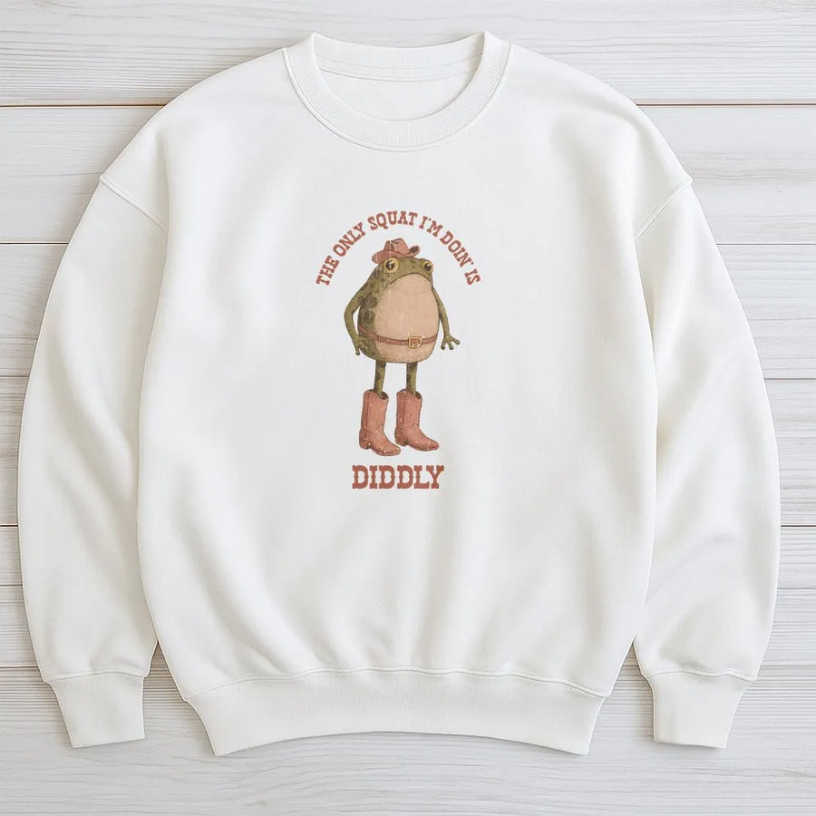 Funny Cowboy Frog Sweatshirt | The Only Squat Is Diddly Quote | Soft Graphic Sweatshirt | Sarcastic Western Humor, Lazy Gym Gift