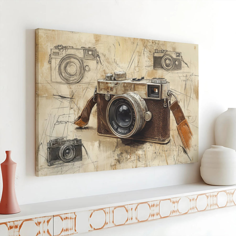Vintage Camera Canvas Wall Art | Retro Photography Sketch Design | Premium Gallery Wrapped Canvas | Gift for Photographer & Studio Decor