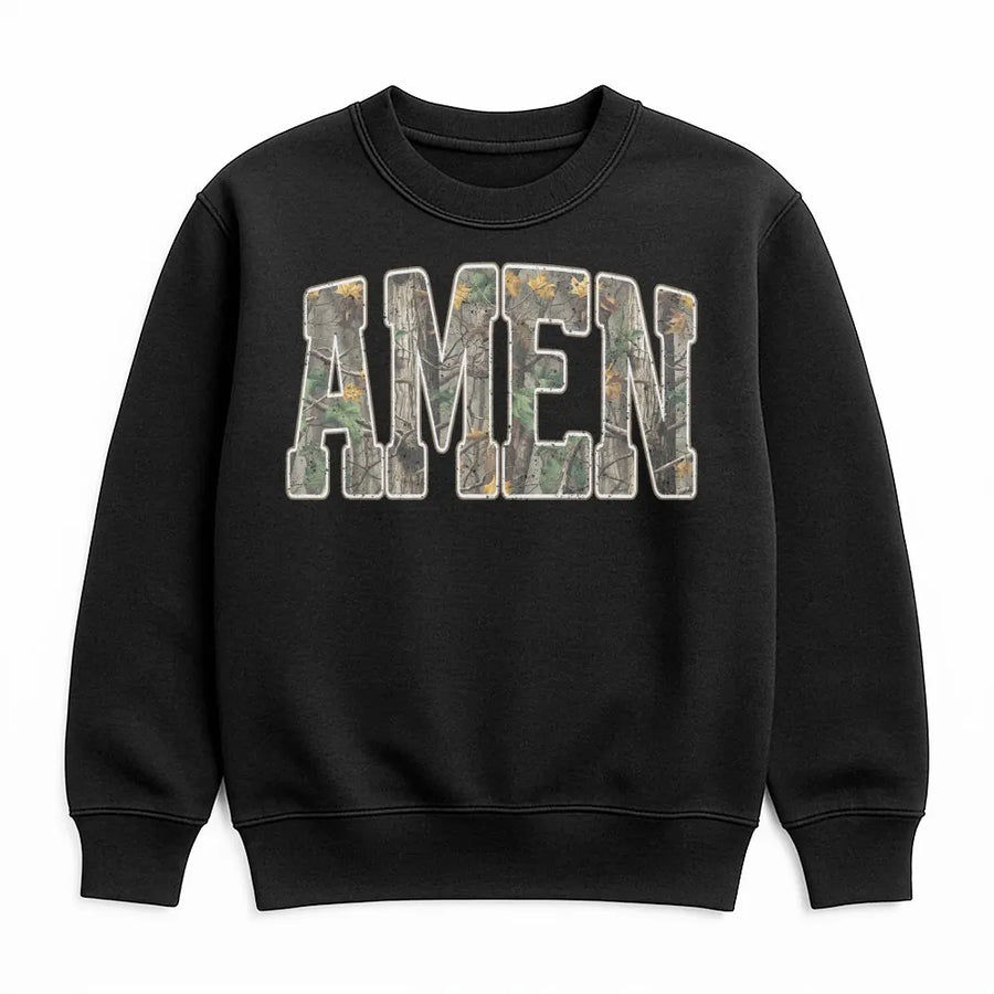 Amen Camo Sweatshirt | Faith-Inspired Woodland Print Design | Premium Cotton-Blend Comfort | Religious Gift for Hunters and Believers