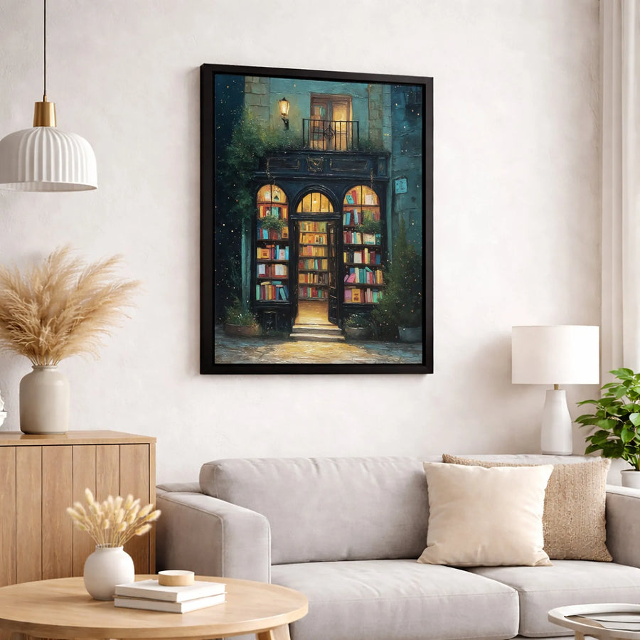 Cozy Bookstore Canvas Print | Dark Academia Aesthetic Night Library | Premium Gallery Wrapped Wall Art | Perfect Gift For Book Lovers