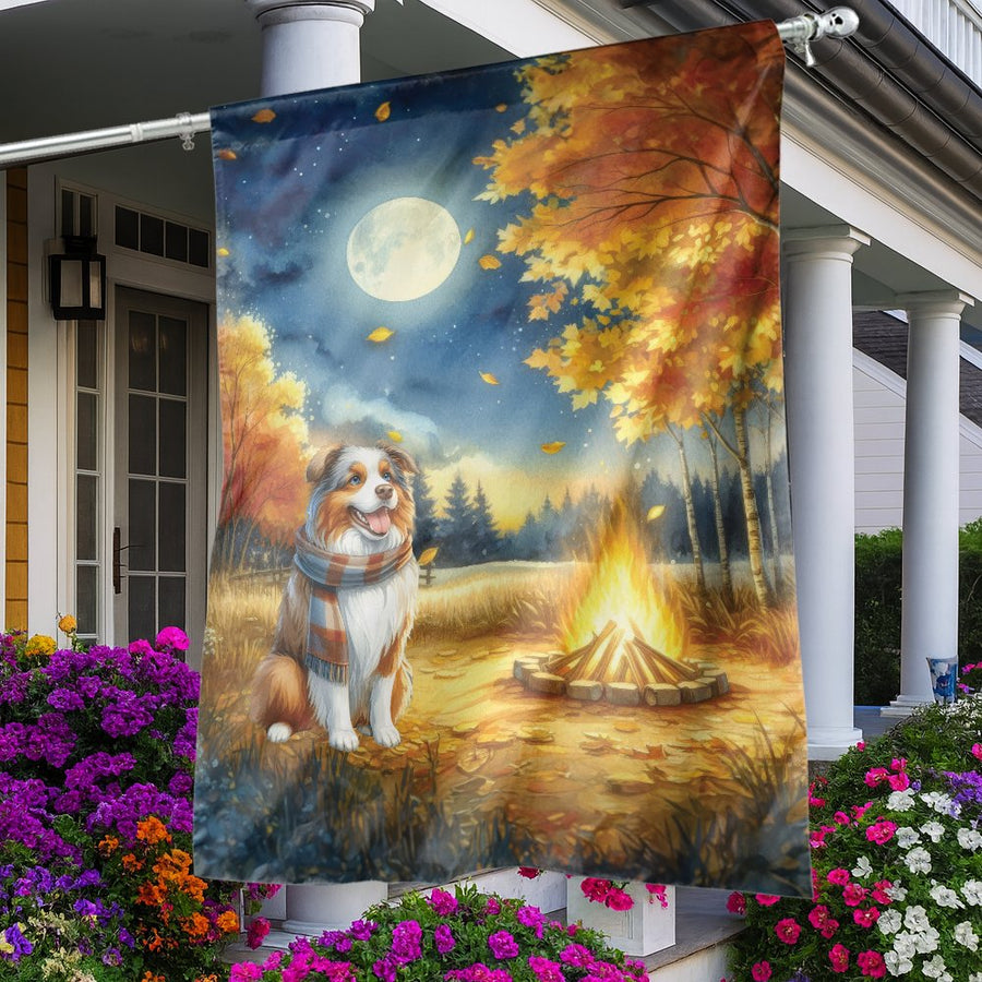 Autumn Garden Flag | Australian Shepherd Campfire & Full Moon | Weather-Resistant Polyester | Seasonal Fall Decor Gift for Dog Lovers