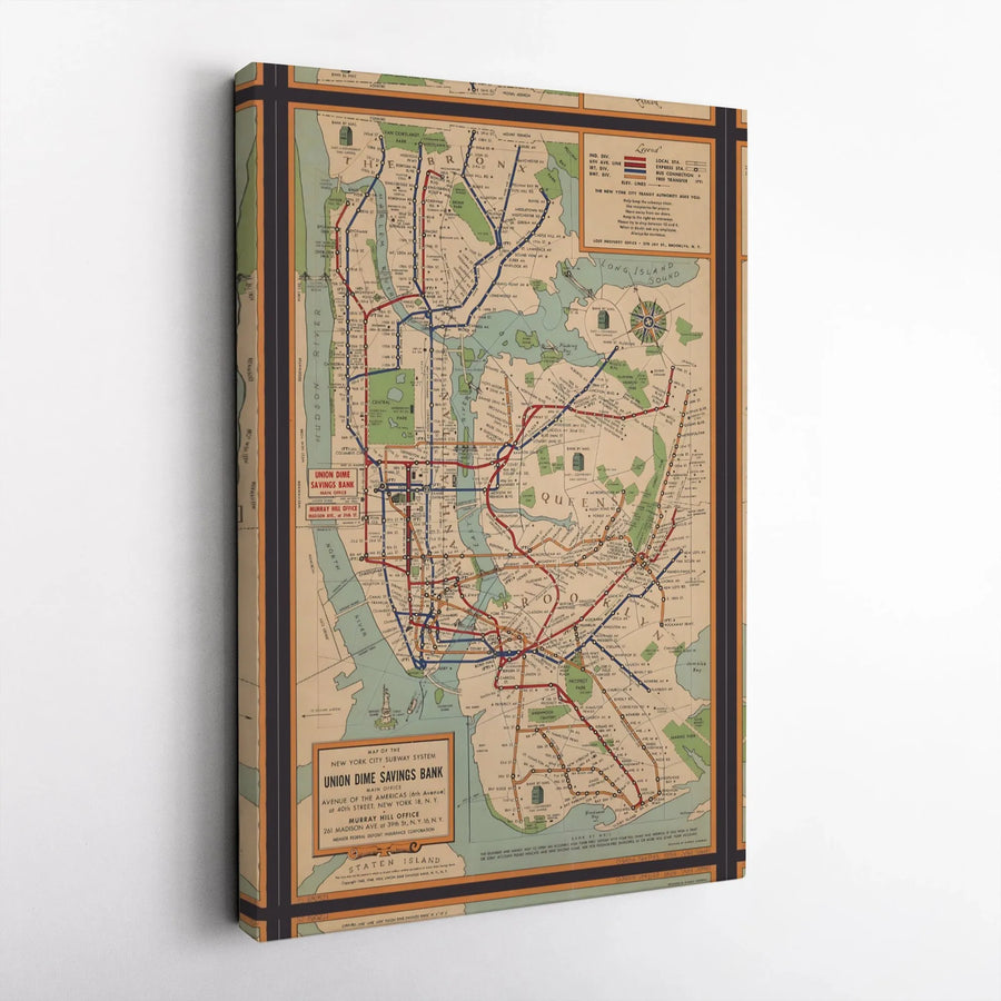 Vintage NYC Subway Map Wall Art | 1954 New York Transit Print | Premium Gallery Wrap Canvas | Retro Home & Office Decor Gift