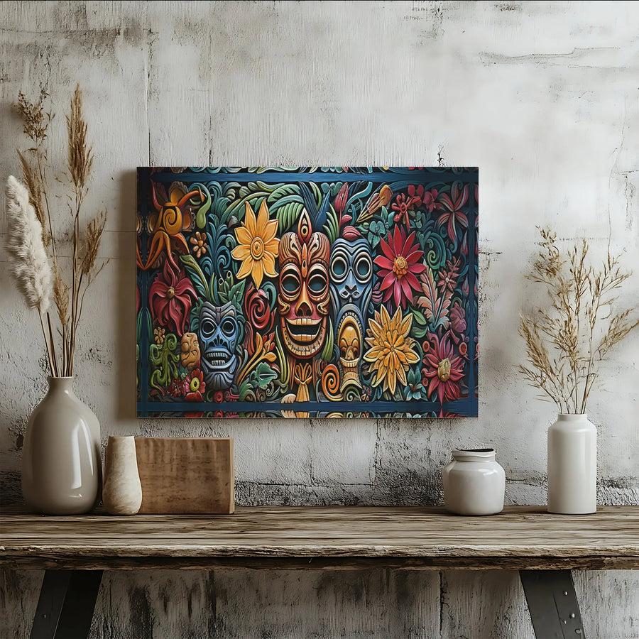 Tiki Mask Canvas Wall Art | Vibrant Polynesian Tropical Floral Print | 1.25 Inch Gallery Wrap | Island Style Home Decor Gift