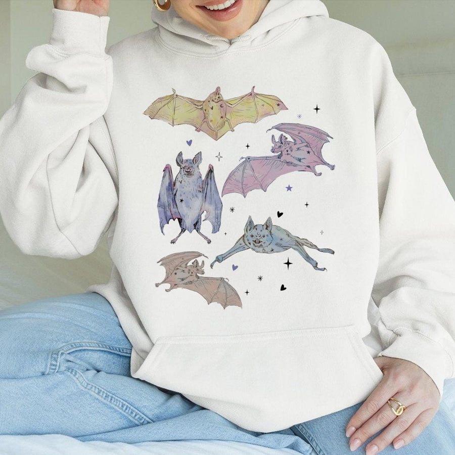 Pastel Bat Hoodie | Whimsigoth Spooky Aesthetic Design | Soft Cotton-Blend Pullover | Creepy Cute Halloween Gift for Women and Teens