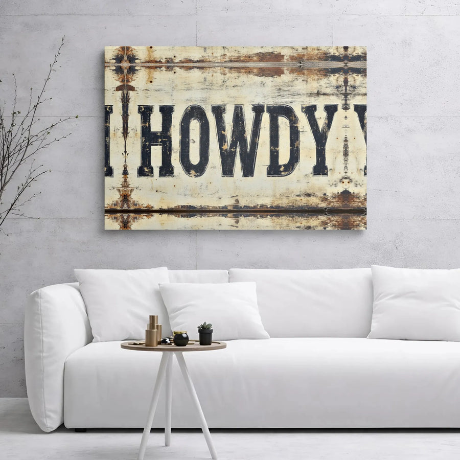 Howdy Wall Art Canvas | Rustic Distressed Wood Design | 1.25-Inch Premium Gallery Wrap | Western Farmhouse Home Decor Gift