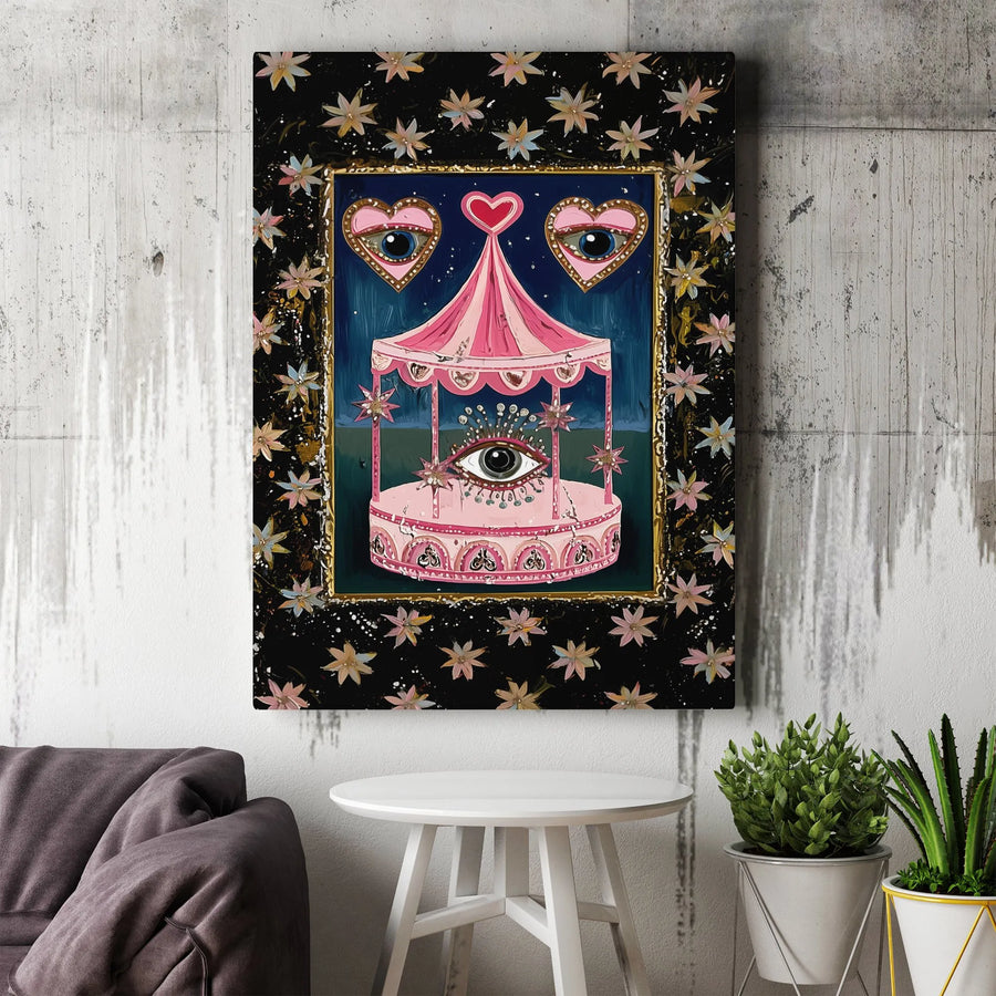 Surrealist Carousel Canvas Wall Art | Pink Gothic Whimsical Aesthetic | Gallery Wrap Premium Print | Unique Home Decor Gift for Eccentric Art Lovers