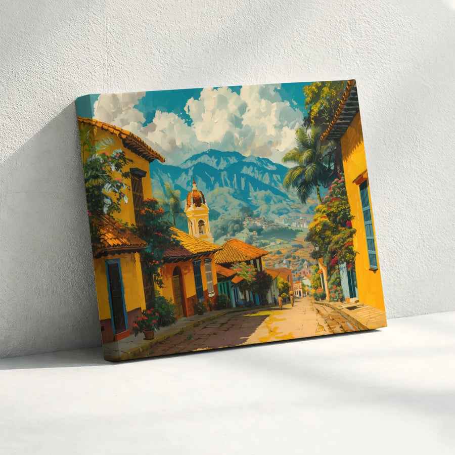Colonial Town Street Art Canvas | Vibrant Latin American Village Landscape | Premium 1.25-Inch Gallery Wrap | Travel Inspired Home Wall Decor