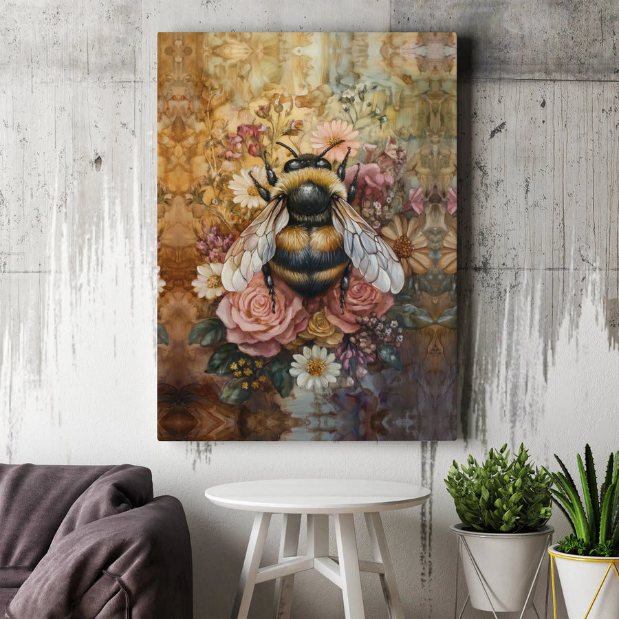 Bumblebee Floral Canvas Wall Art | Vintage Botanical Bee Oil Painting Print | Gallery Wrap Home Decor | Premium Nature Gift For Her