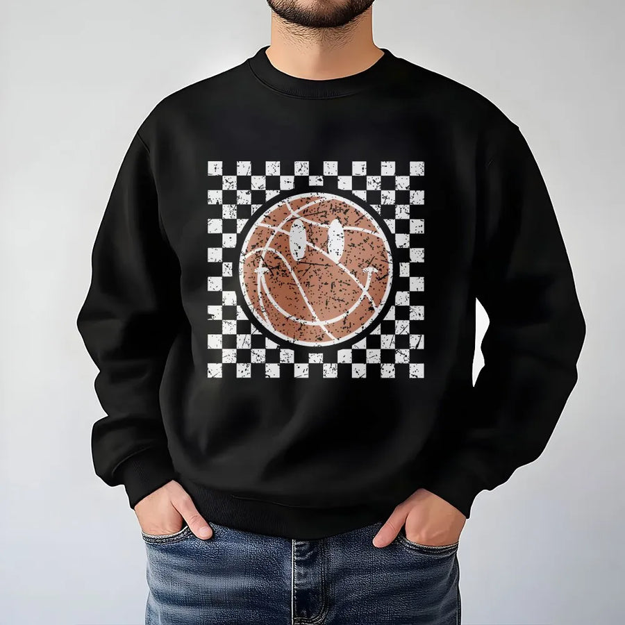 Checkered Basketball Sweatshirt | Retro Smiley Face Game Day Design | Premium Cotton Blend | Unisex Sports Apparel Gift for Basketball Fans