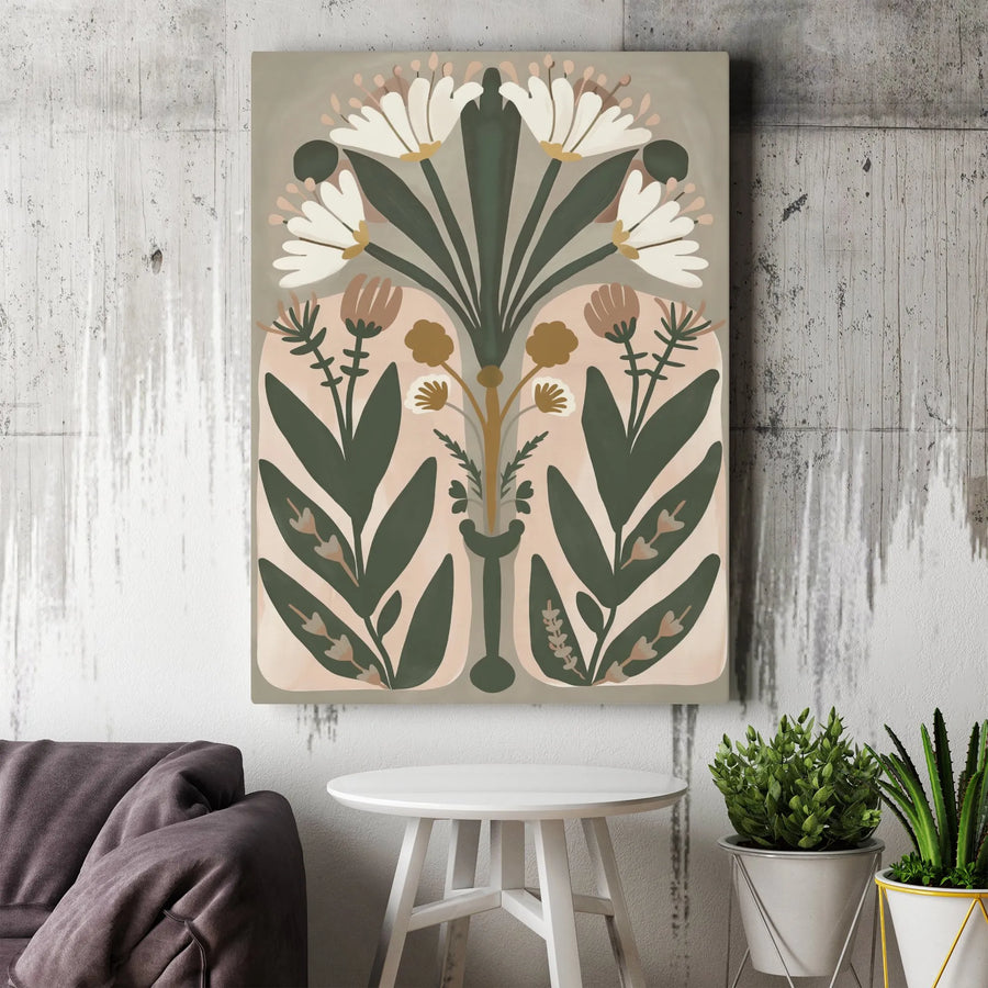 Boho Floral Canvas Wall Art | Symmetrical Botanical Flower Print | Premium 1.25-Inch Gallery Wrap | Modern Neutral Home Decor Gift