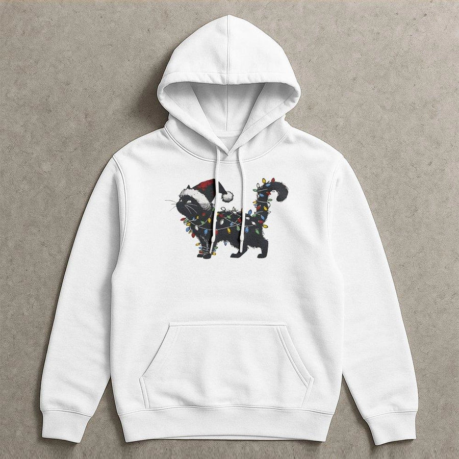 Christmas Cat Hoodie | Black Kitten Tangled In Colorful Holiday Lights | Premium Cotton Blend | Funny Festive Sweatshirt Gift For Cat Lovers