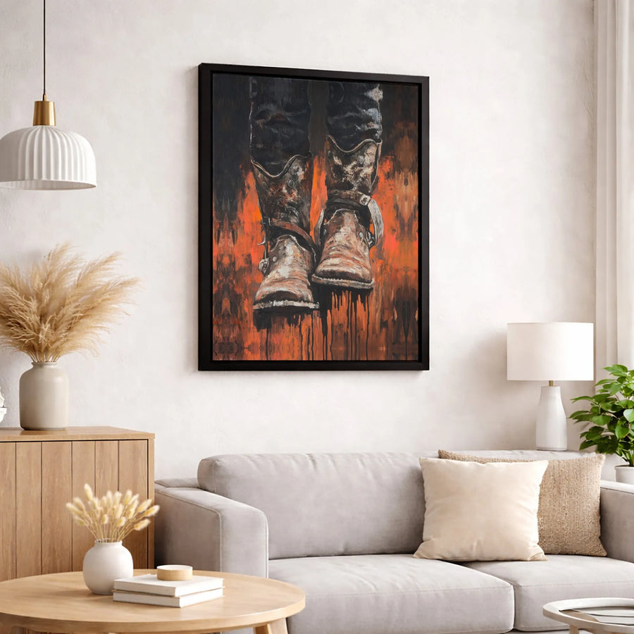Western Cowboy Boots Canvas Wall Art | Rustic Abstract Painting with Spurs | Premium Gallery Wrap Print | Southwestern Decor for Home or Office