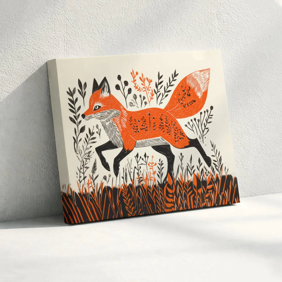 Fox Canvas Wall Art | Mid-Century Modern Linocut Illustration | Premium Fade-Resistant Print | Wildlife Nature Decor Gift for Nature Lovers