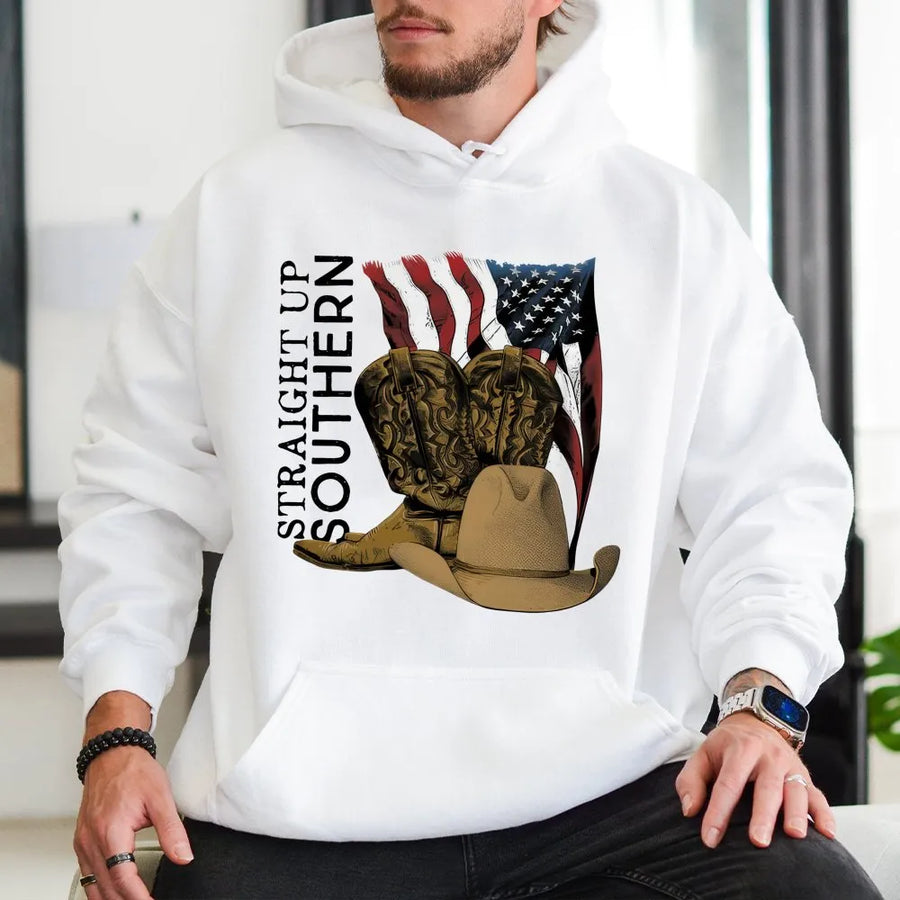 Straight Up Southern Hoodie | American Flag Cowboy Boots & Hat Graphic | Premium Cotton Blend | Patriotic Country Gift for Men & Women