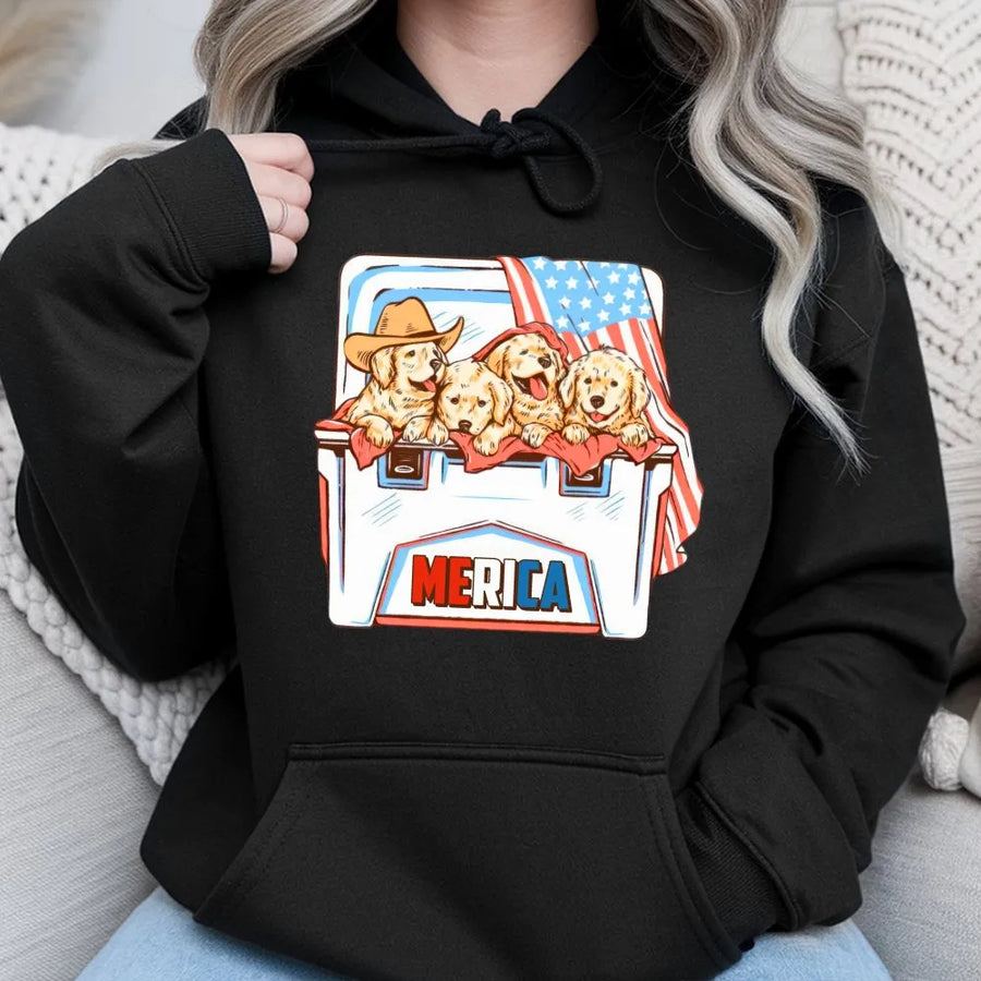 Patriotic Golden Retriever Hoodie | Cute Puppies in Cooler with USA Flag | Soft Cotton Graphic Tee | 4th of July Merica Gift for Dog Lovers