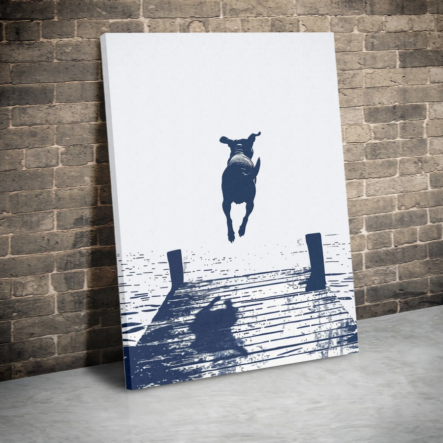 Dog Jumping Into Water Canvas Art | Minimalist Silhouette Pier Print | 1.25-Inch Gallery Wrap | Modern Pet Lover Gift & Wall Decor