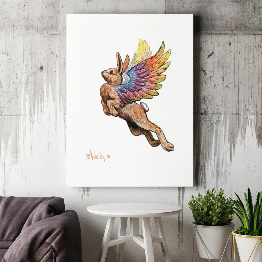 Flying Rabbit Wall Art | Rainbow Winged Bunny Fantasy Canvas | Gallery Quality 1.25 Inch Profile | Whimsical Nursery or Home Decor Gift